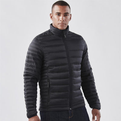 Black quilted puffer basecamp thermal jacket with high collar and zipper perfect for workwear and uniforms
