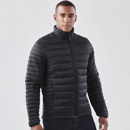 Black quilted puffer basecamp thermal jacket with high collar and zipper perfect for workwear and uniforms