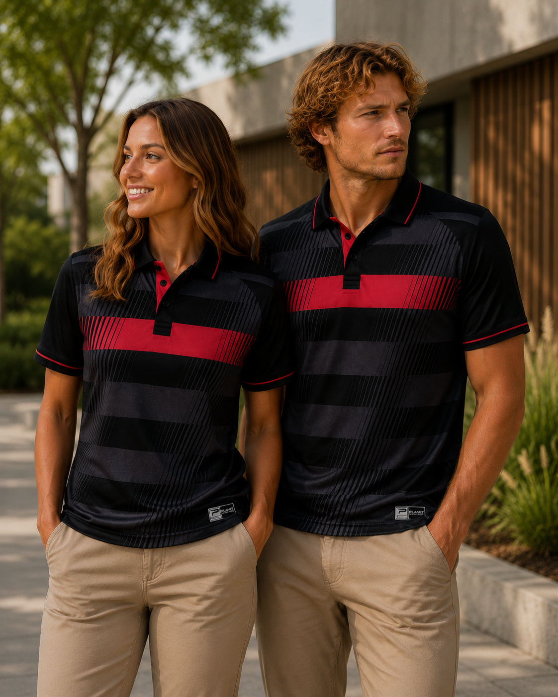 Two people wearing matching black and red striped polo shirts outdoors.