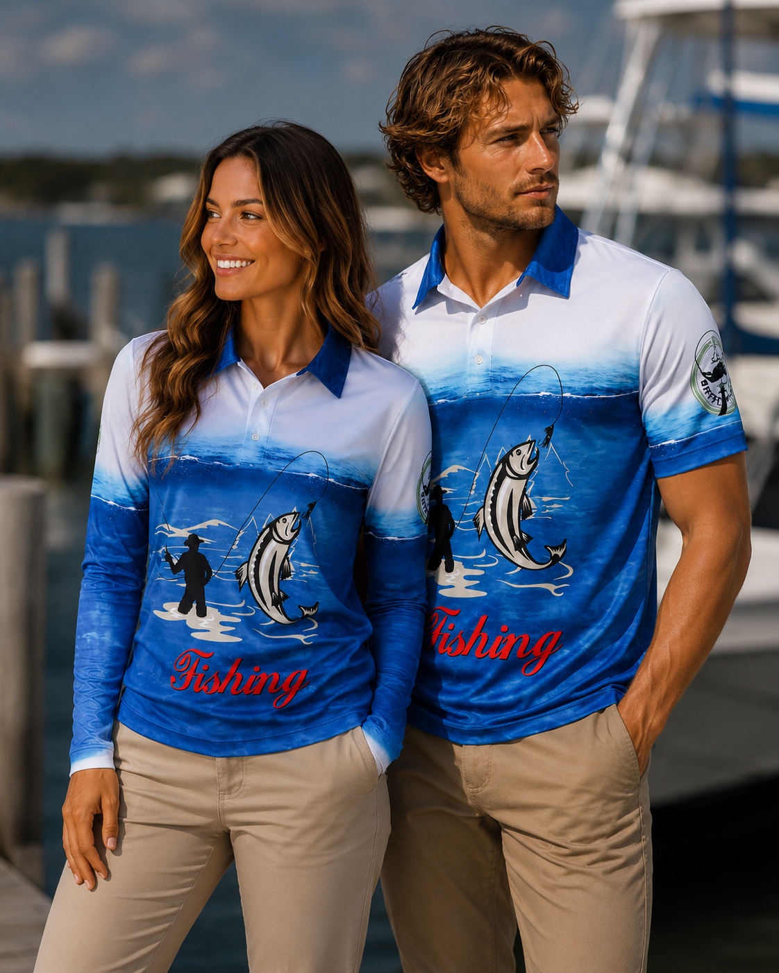 Two people wearing blue and white fishing-themed shirts by a boat.