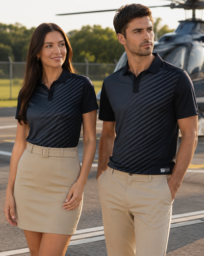 Navy blue ps116 custom ladies polo with diagonal stripes perfect for stylish workwear and uniforms