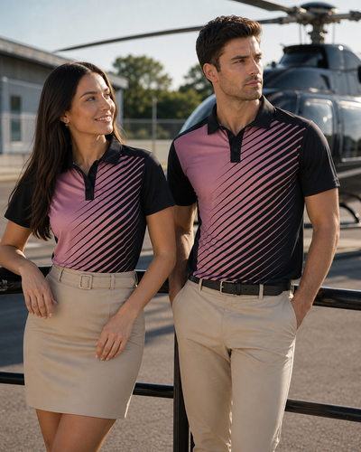 Black and pink diagonal-striped ps116 custom ladies polo shirt ideal for stylish workwear and uniforms