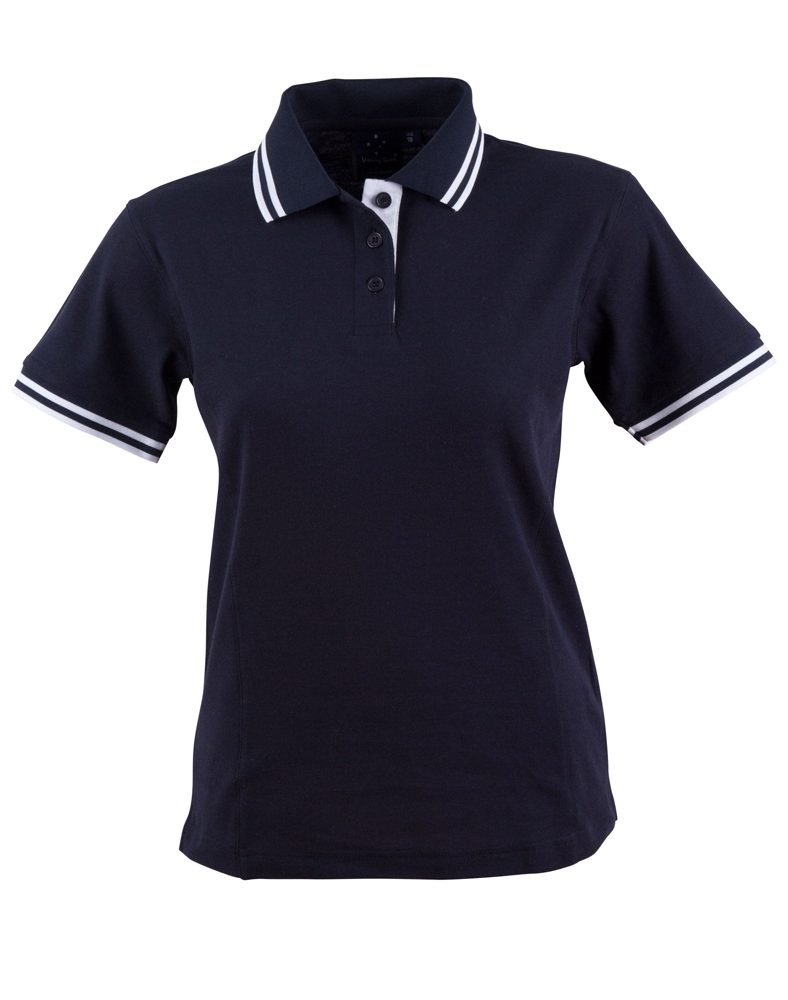 Navy blue arjo ladies contrast polo shirt with white trim, perfect for workwear and uniforms