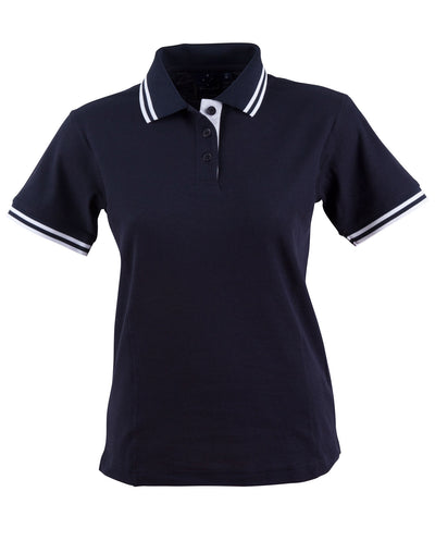 Navy blue arjo ladies contrast polo shirt with white trim, perfect for workwear and uniforms