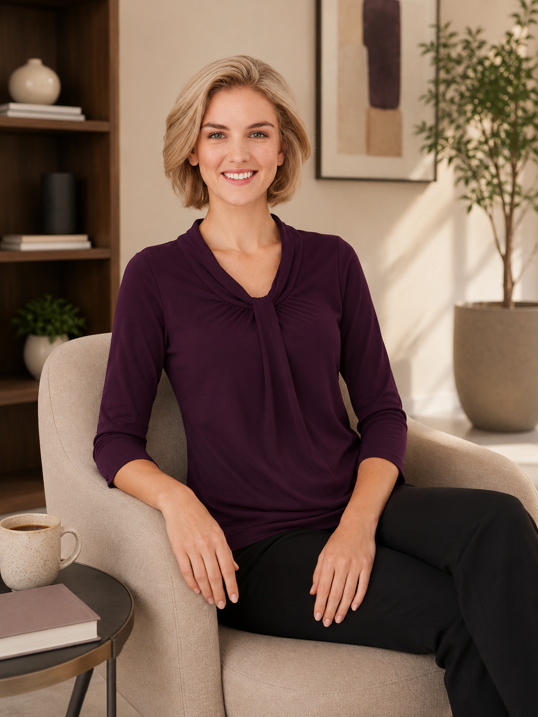 Woman sitting on a couch wearing a purple top in a cozy living room.