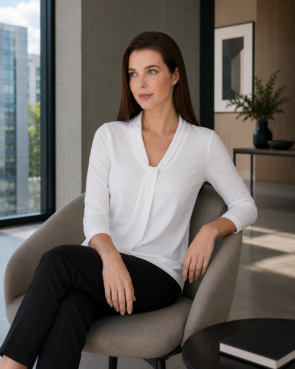 Woman sitting in a modern chair in a stylish room with large windows.