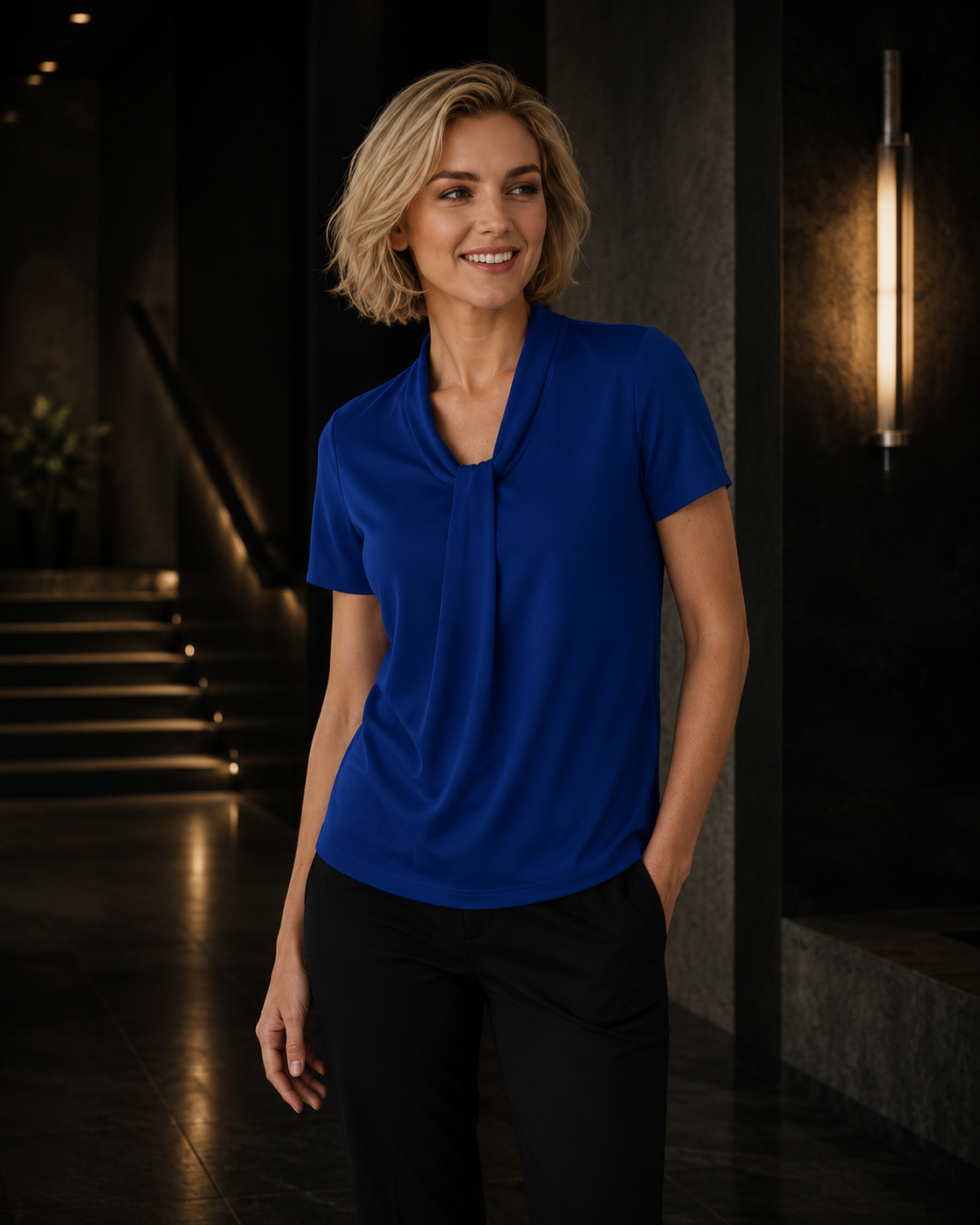 Woman wearing a blue shirt standing in a dimly lit room.