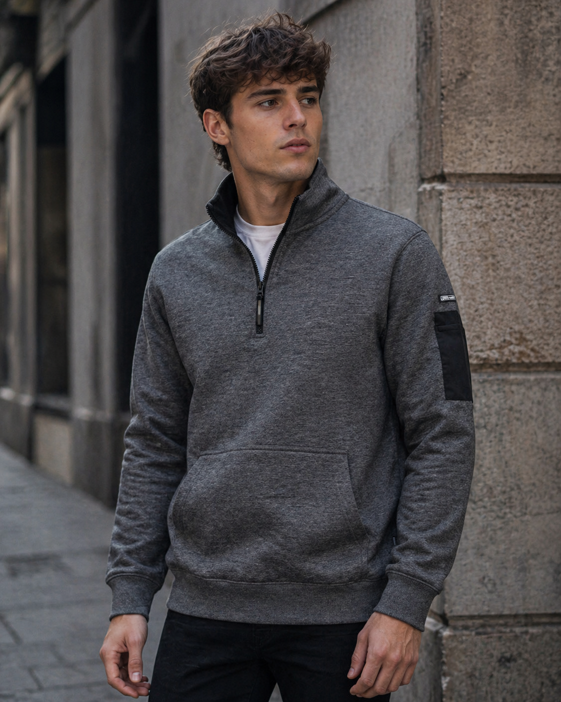 Gray heathered premium trade half zip fleece with black ribbed collar and pocket perfect for workwear uniforms