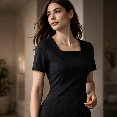Womens renew short sleeve black dress with square neckline and tailored fit ideal for workwear and uniforms