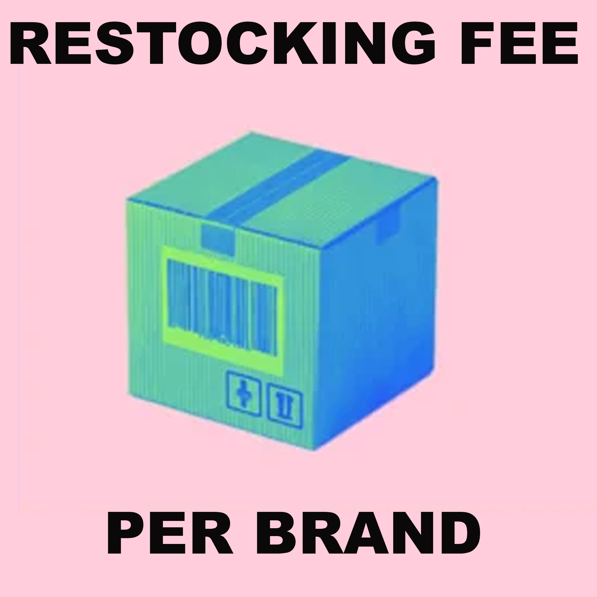 A stylized cartoonish shipping box with green blue gradient and barcode for brd restocking fee in work uniforms packaging