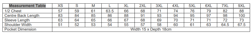 Pilbara Closed Front LS Shirt size chart
