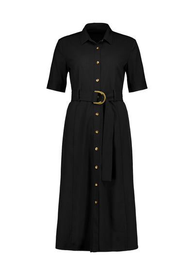 Womens adele midi dress with short sleeves black button-down design and gold belt buckle perfect for workwear uniforms