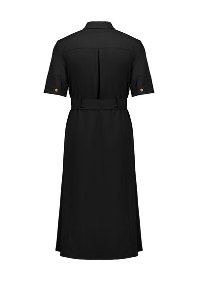 Womens Adele midi dress in black short-sleeved shirt style with gold buttons and belt perfect for workwear uniforms