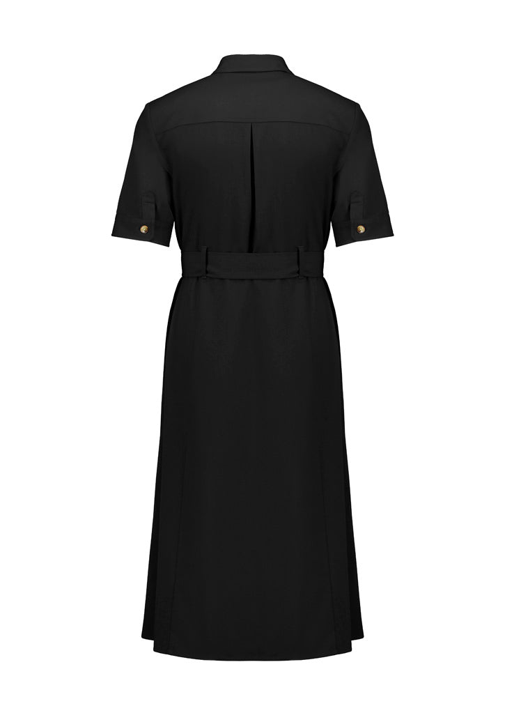 Womens Adele midi dress in black short-sleeved shirt style with gold buttons and belt perfect for workwear uniforms