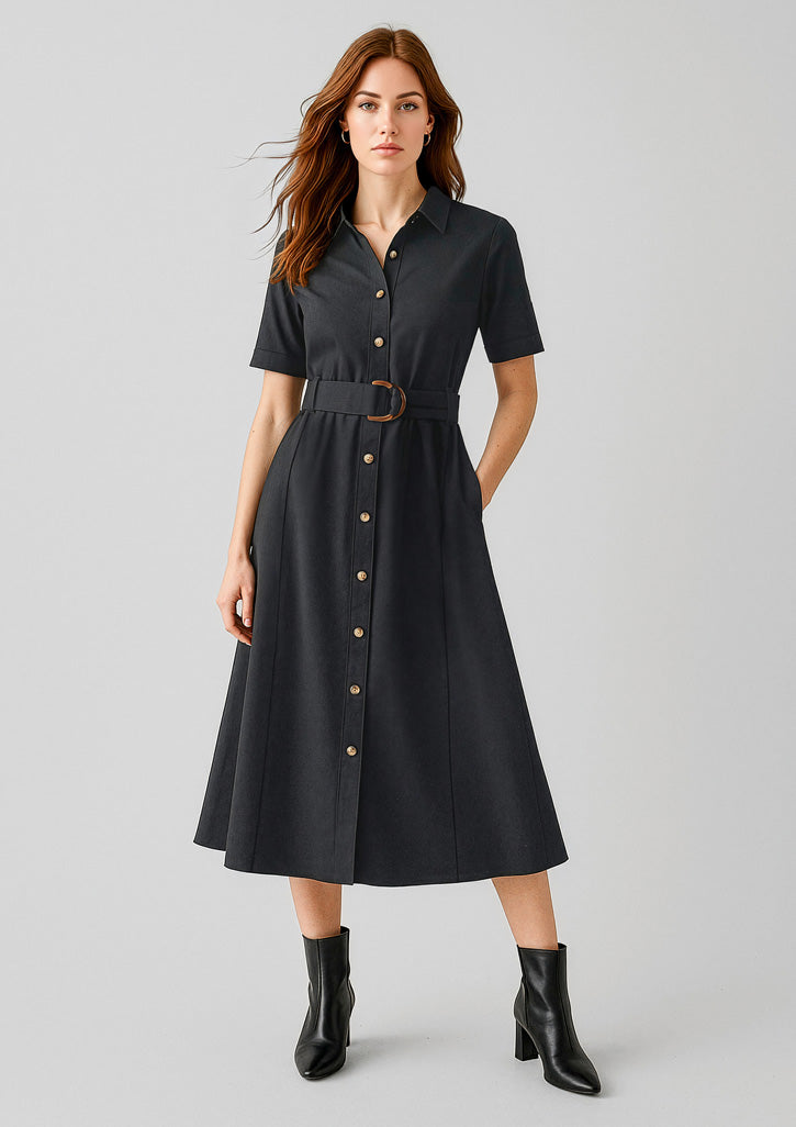 Black womens Adele midi dress with cinched waist and gold buttons perfect for stylish workwear uniforms