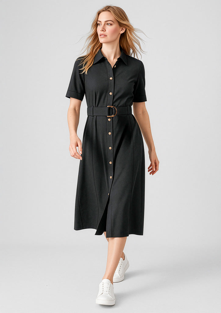 Black womens adele midi dress with fitted waist and gold buttons perfect for stylish workwear uniforms