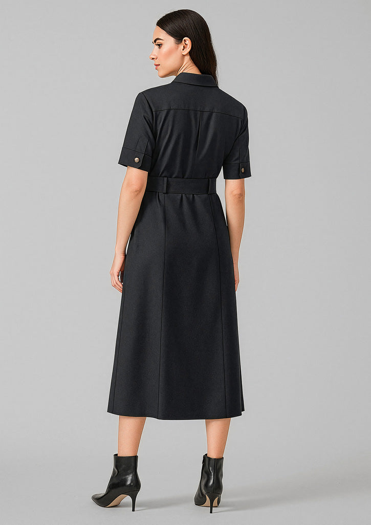 Black tailored womens adele midi dress with short sleeves and cinched waist perfect for workwear uniforms