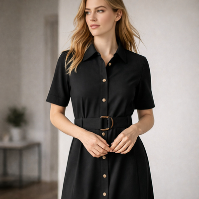 Womens Adele midi dress in black with gold buttons and matching belt perfect for work uniforms and workwear