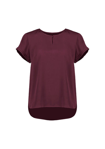 Womens evelyn short sleeve blouse in soft maroon satin with front zipper perfect for stylish workwear uniforms