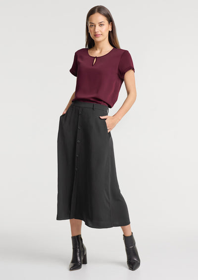 Black button-front midi skirt paired with womens evelyn short sleeve blouse perfect for workwear uniforms