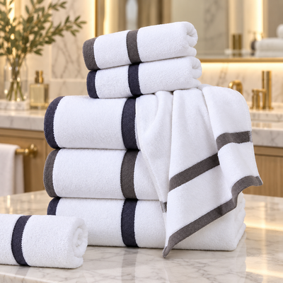 A stack of white bath towels with dark navy and gray striped borders, arranged on a marble countertop in a luxurious bathroom setting.