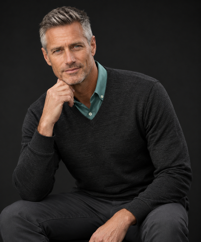 A man with short gray hair and a light beard sits against a dark studio background, wearing a dark charcoal gray v-neck sweater over a teal collared button-down shirt.
