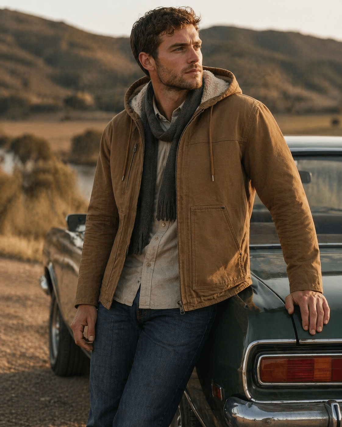 Brown rugged hooded barn jacket with fleece lining and sturdy fabric perfect for workwear and work uniforms