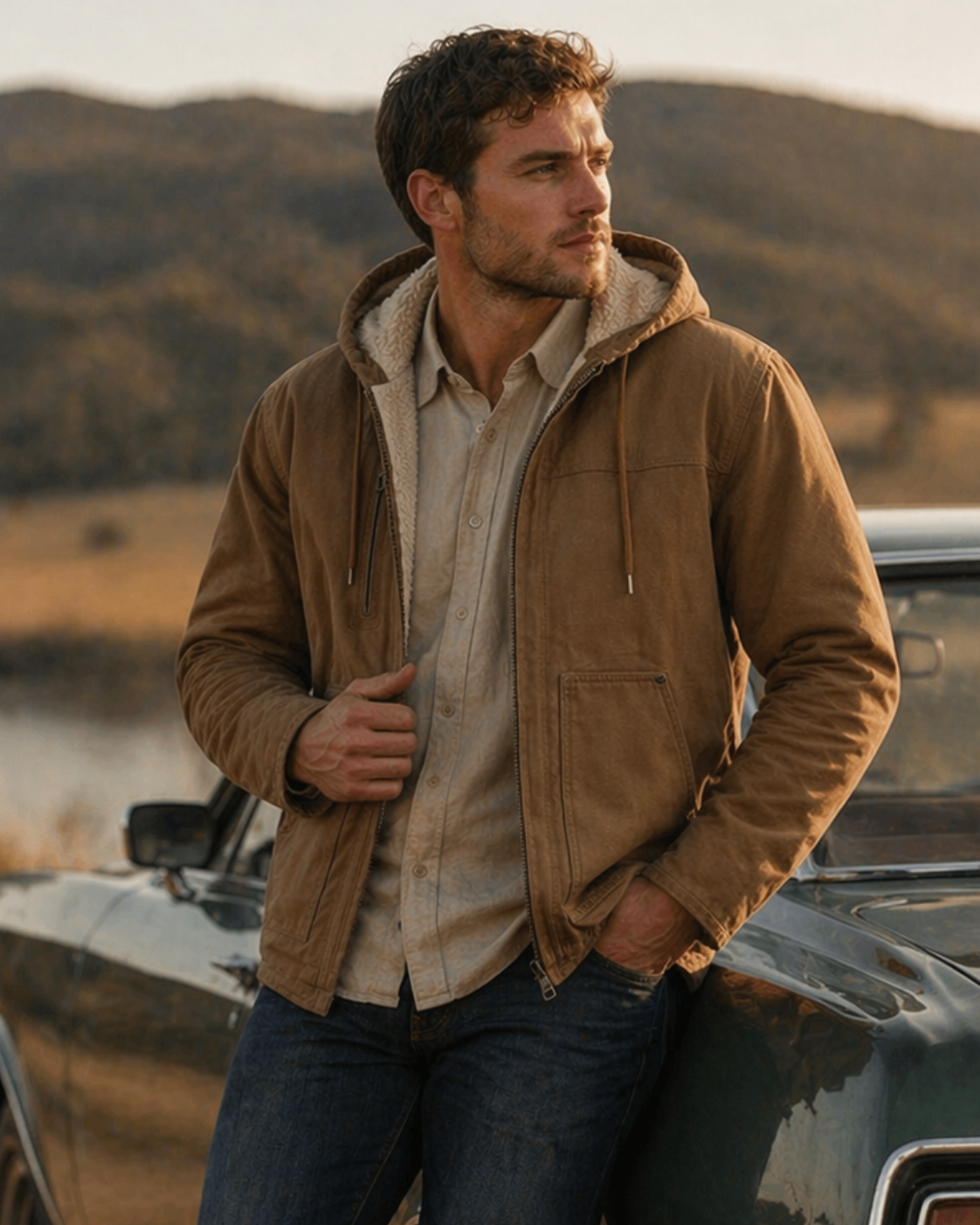Brown rugged hooded barn jacket with soft fleece lining perfect for durable work uniforms and rugged workwear