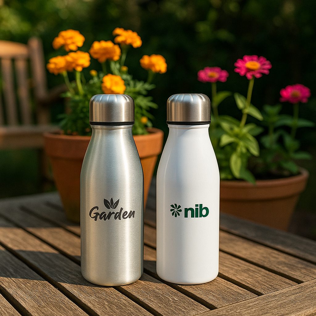 Two sleek vita aluminium 450ml water bottles with engraved logos perfect for lightweight durable workwear use