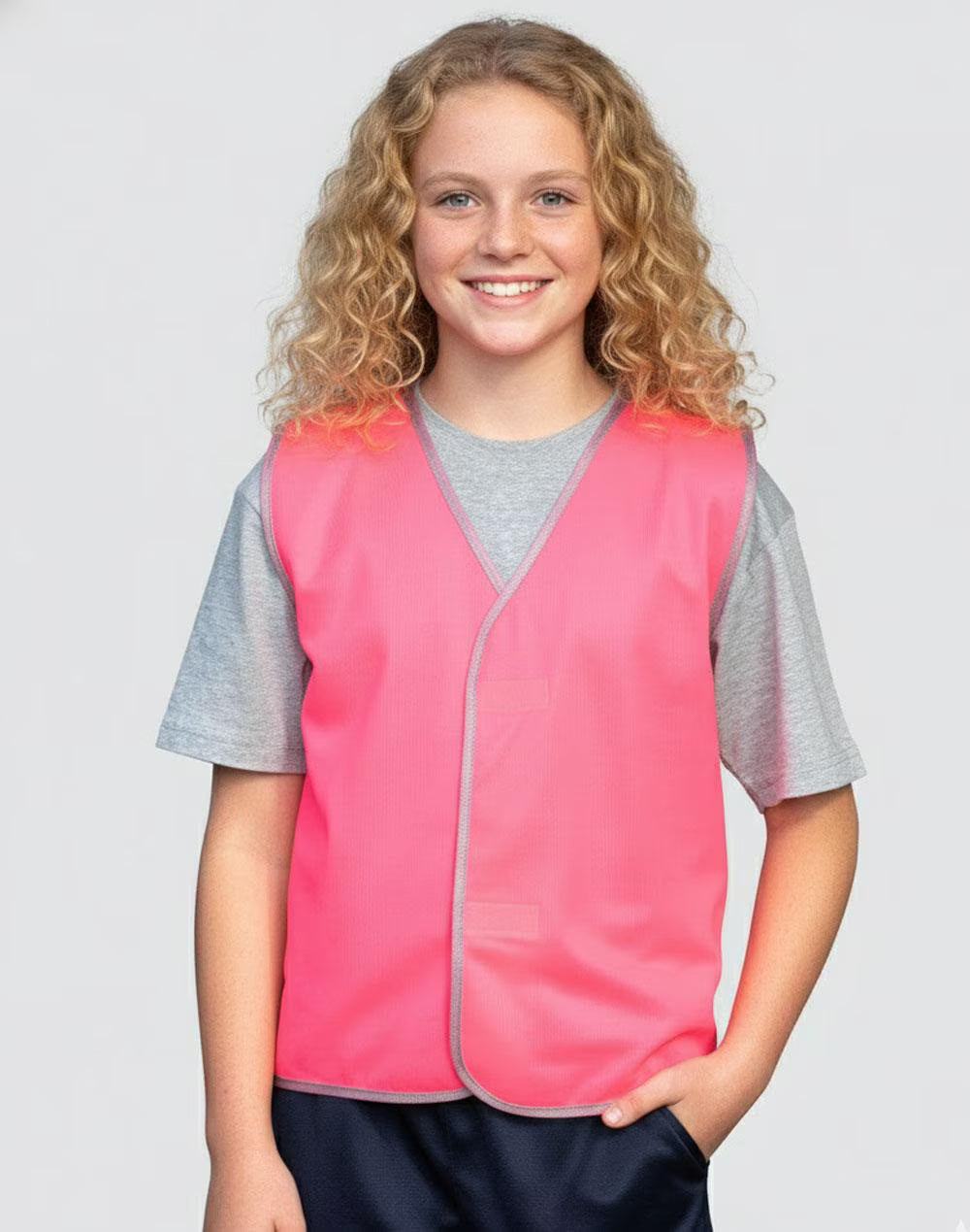 Aiw kids safety vest bright pink v-neck with gray trim perfect for kids work uniforms and safety workwear