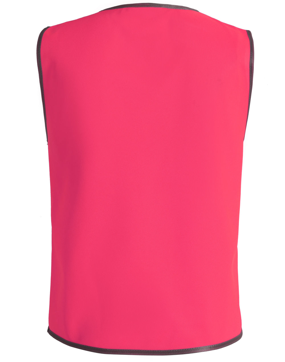 Bright pink sleeveless aiw kids safety vest with black trim perfect for kids workwear or uniforms and safety use