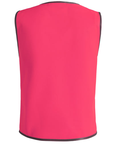 Bright pink sleeveless aiw kids safety vest with black trim perfect for kids workwear or uniforms and safety use