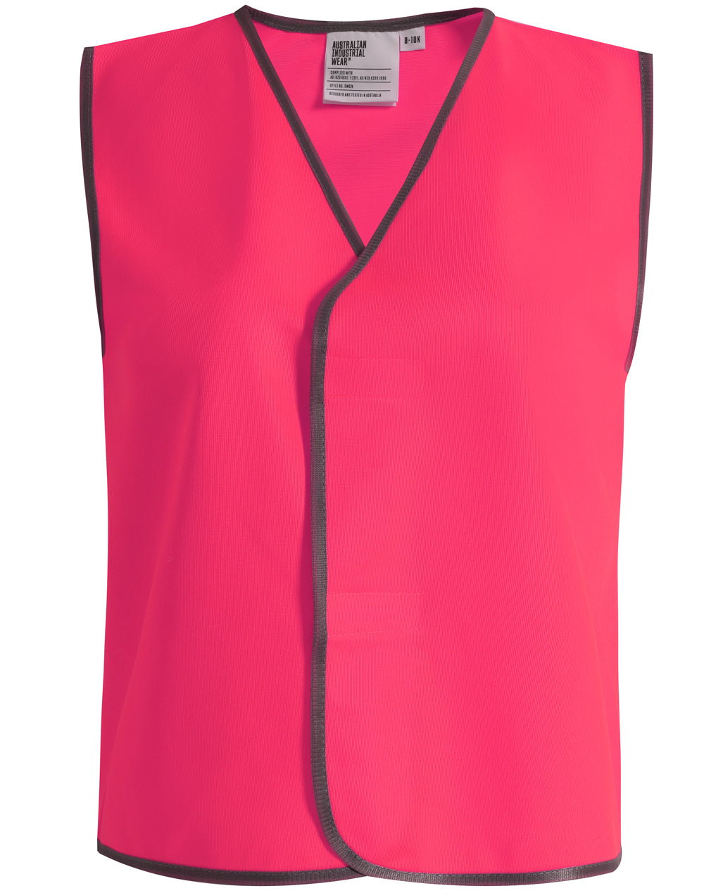Aiw kids safety vest bright pink with black trim v-neck design perfect for kids workwear and uniforms