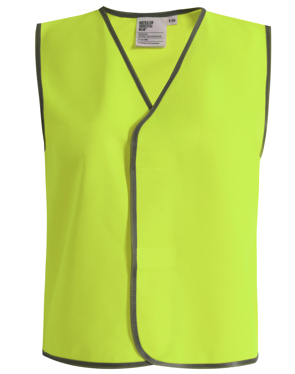 Bright yellow aiw kids safety vest with black trim v-neck design perfect for kids workwear and uniforms