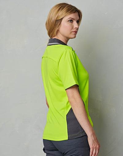 Bright neon green hi vis bamboo charcoal vented polo shirt with dark gray accents for workwear uniforms