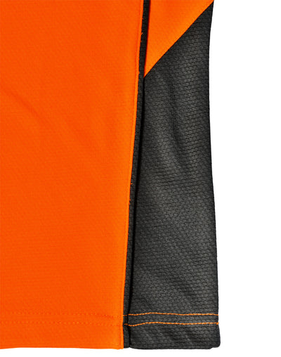 Bright orange and black hi vis bamboo charcoal vented polo sleeve with textured mesh panel perfect for workwear uniforms