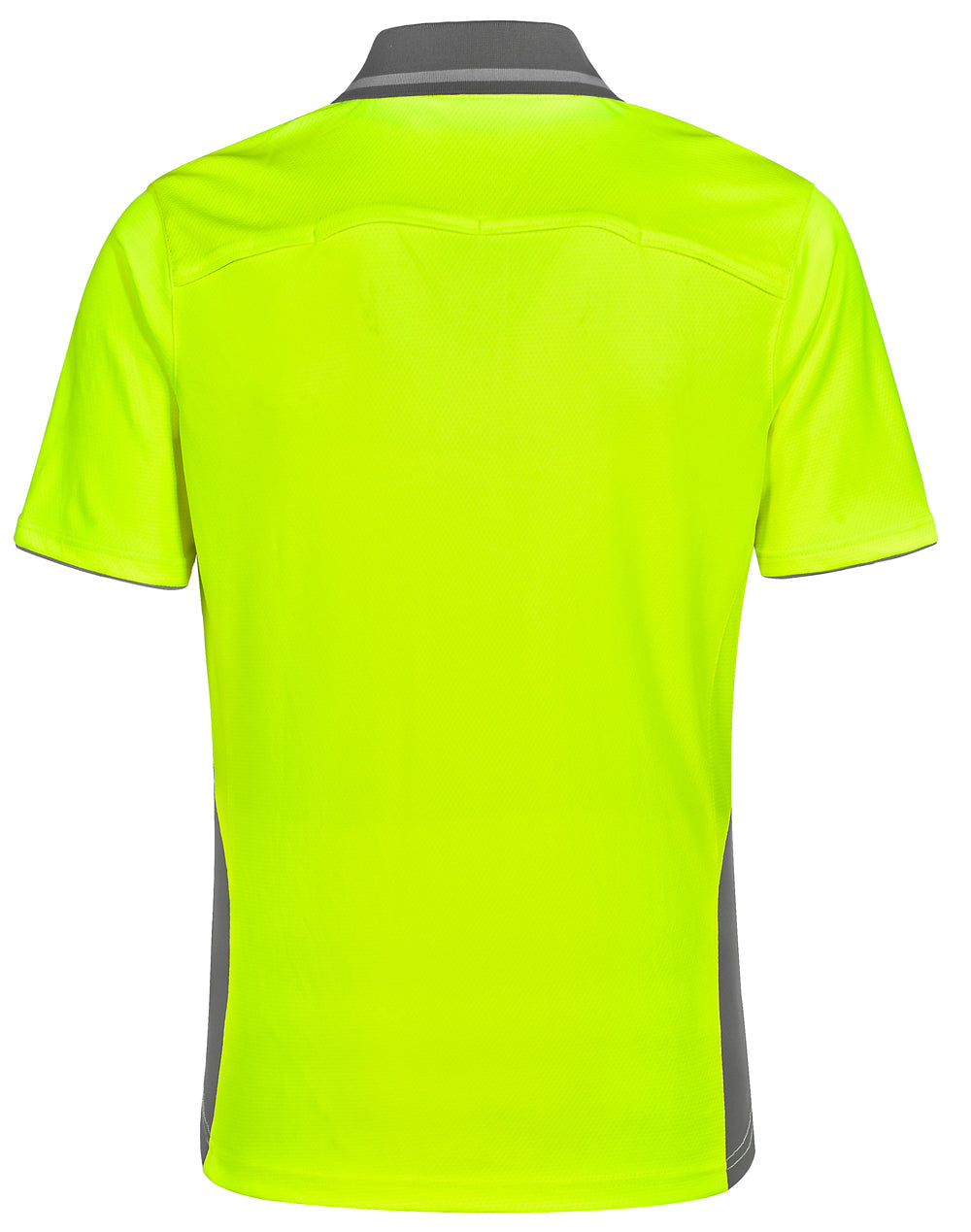 Bright neon yellow hi vis bamboo charcoal vented polo with dark gray collar and side panels for work uniforms