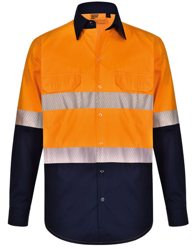 Bright orange and navy blue hi vis ls segmented tape safety shirt with reflective stripes for workwear uniforms