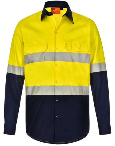 Bright yellow and navy blue hi vis ls segmented tape safety shirt with reflective stripes for workwear uniforms