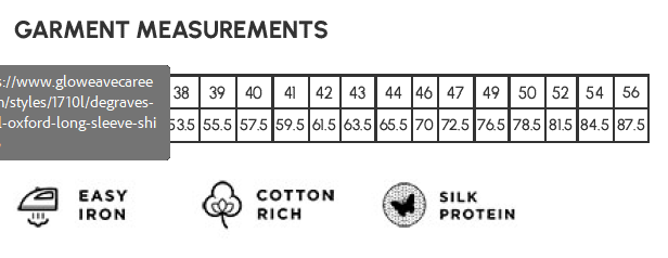 Degraves Royal Oxford LS Shirt size chart