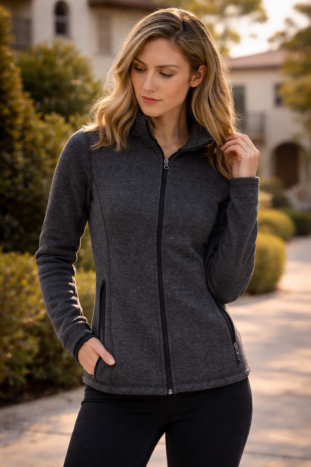 Ladies heather bonded fleece jacket in dark gray with black zipper and side pockets perfect for workwear uniforms