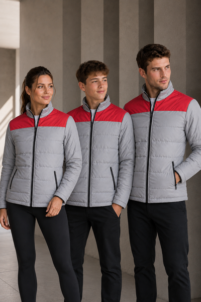 Three models wearing matching gray and red puffer jackets with black pants, standing in a modern architectural setting with neutral columns.