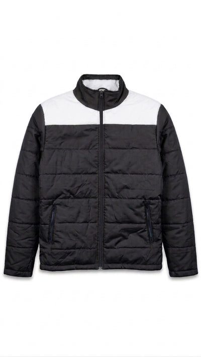A black and white colorblock puffer jacket with a full-zip front, stand-up collar, and zippered hand pockets, shown against a plain white background.