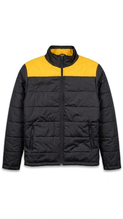A black and yellow color-blocked puffer jacket with a full-zip front, stand-up collar, and zippered hand pockets, shown against a plain white background.