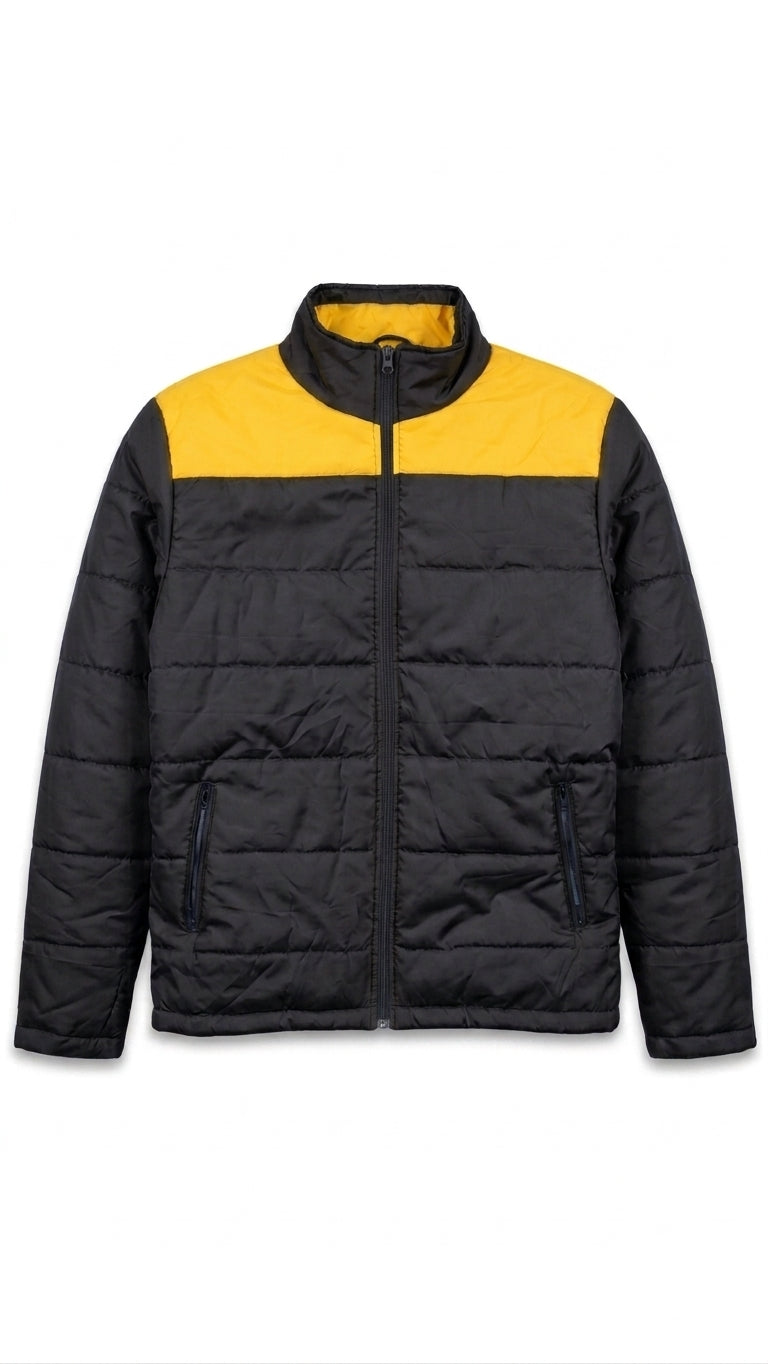 A black and yellow color-blocked puffer jacket with a full-zip front, stand-up collar, and zippered hand pockets, shown against a plain white background.