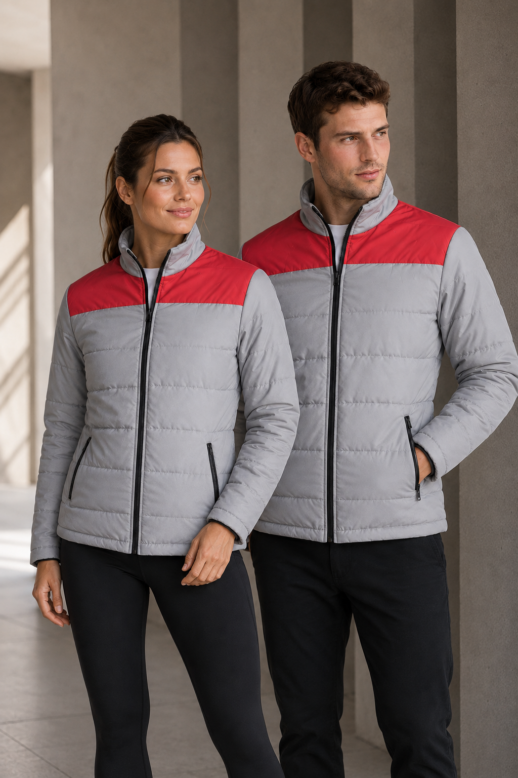 A man and a woman wearing matching light gray and red puffer jackets, standing in a modern architectural corridor.