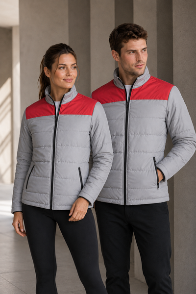 A man and a woman wearing matching light gray and red puffer jackets, standing in a modern architectural corridor.