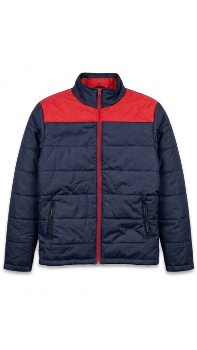 A navy blue puffer jacket with a contrasting red yoke across the chest and collar, featuring a full-length red zipper and zippered hand pockets, shown against a plain white background.