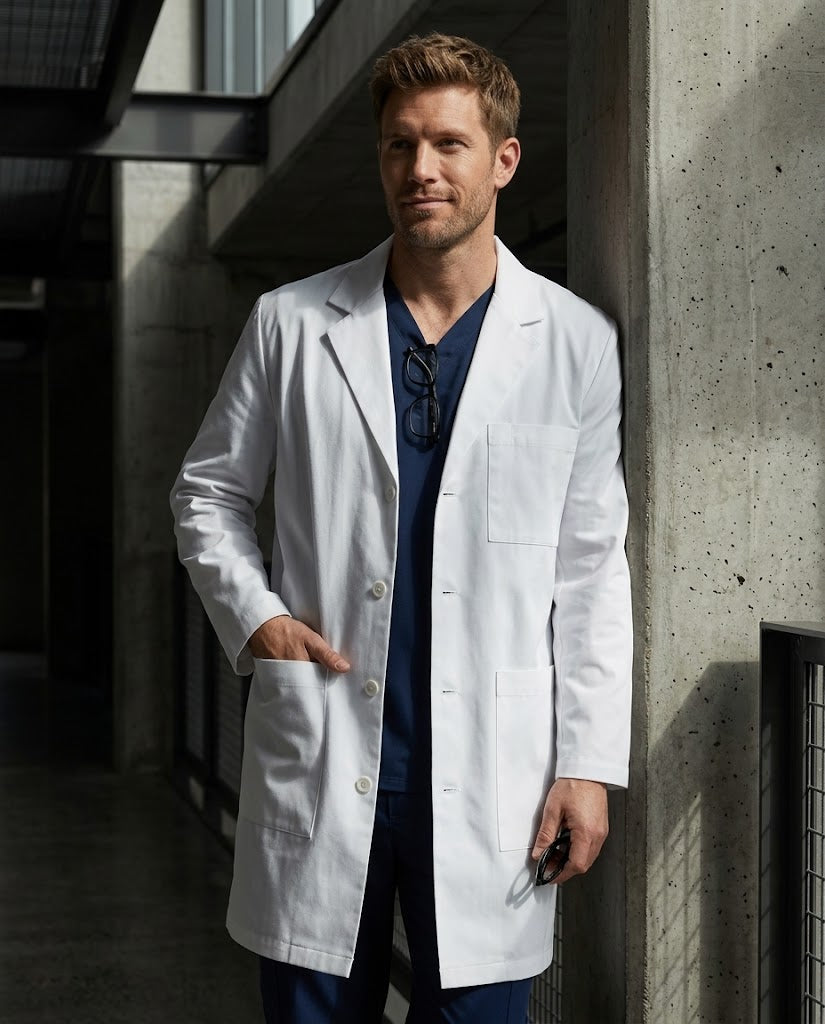 A man wearing a white long lab coat over navy blue scrubs, standing in a modern concrete corridor.