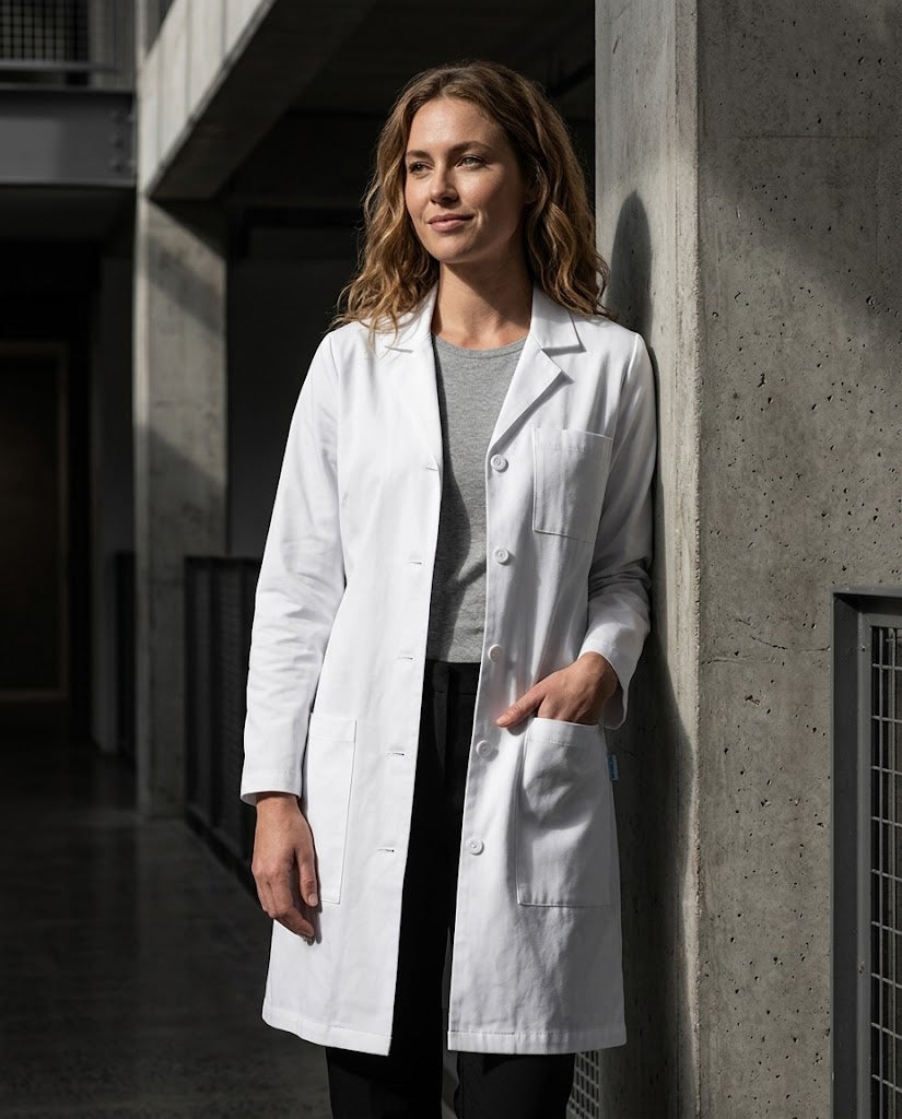 A woman wearing a white mid-length lab coat over a gray top and black pants, standing in a modern concrete corridor.